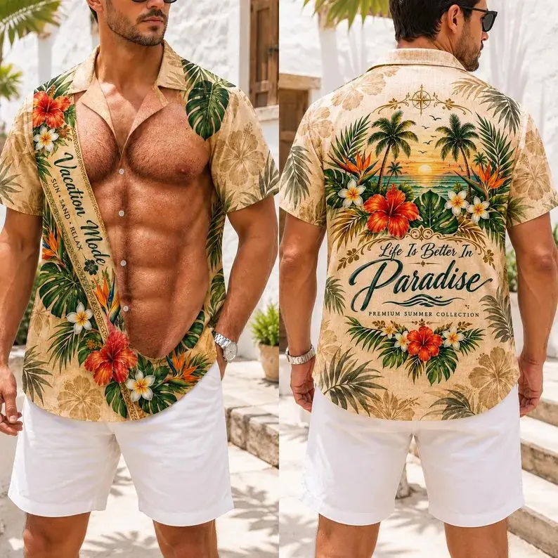 Vacation Mode Hawaiian Shirt, Tropical Paradise Aloha Shirt, Funny 3D Body Print, Beach Vacation Button Up, Luau Party Gift for Men