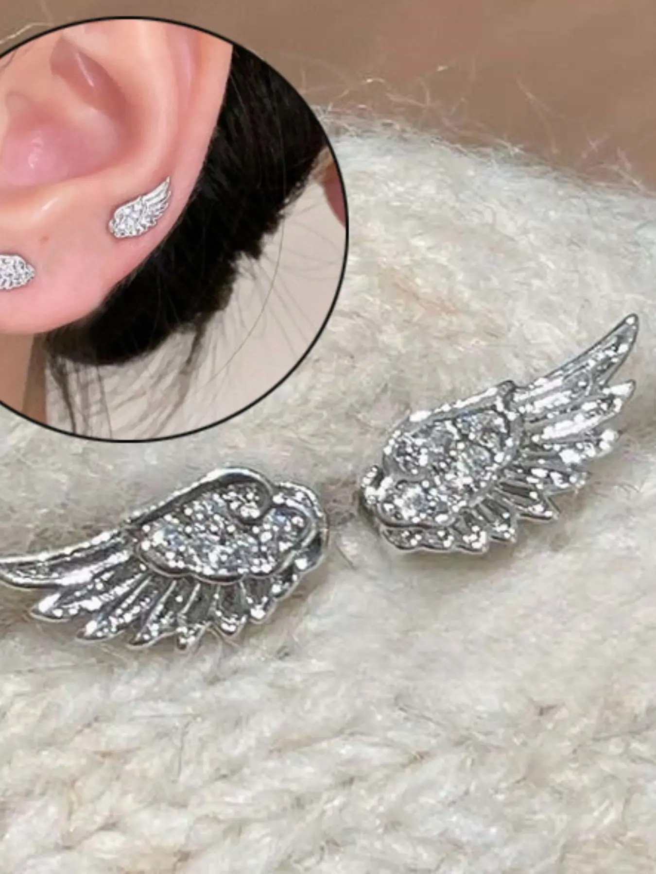 2pc Unique Design Wing Fashion Jewelry Earrings, Dual Ear Piercing, Stackable Ear Bone Studs, Niche Personalized Fashion, Silver Color Earrings for Girls Women