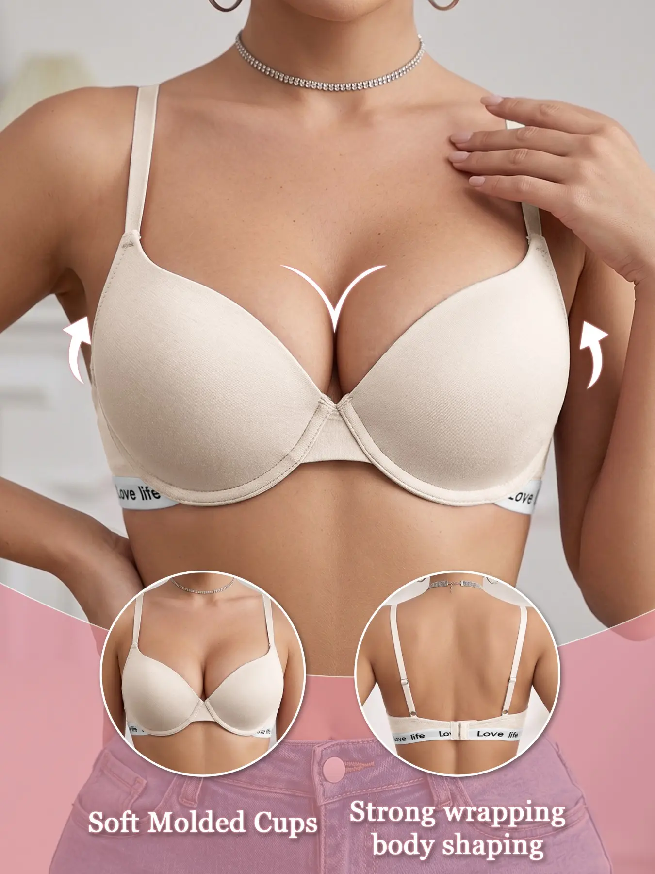 Underwire Push Up Support Bra, Adjustable Thin Straps, Side Boob Control To Prevent Sagging & Spreading, Soft Breathable Fabric, Shapes Figure Perfectly For Daily Casual Outfits, Underwear