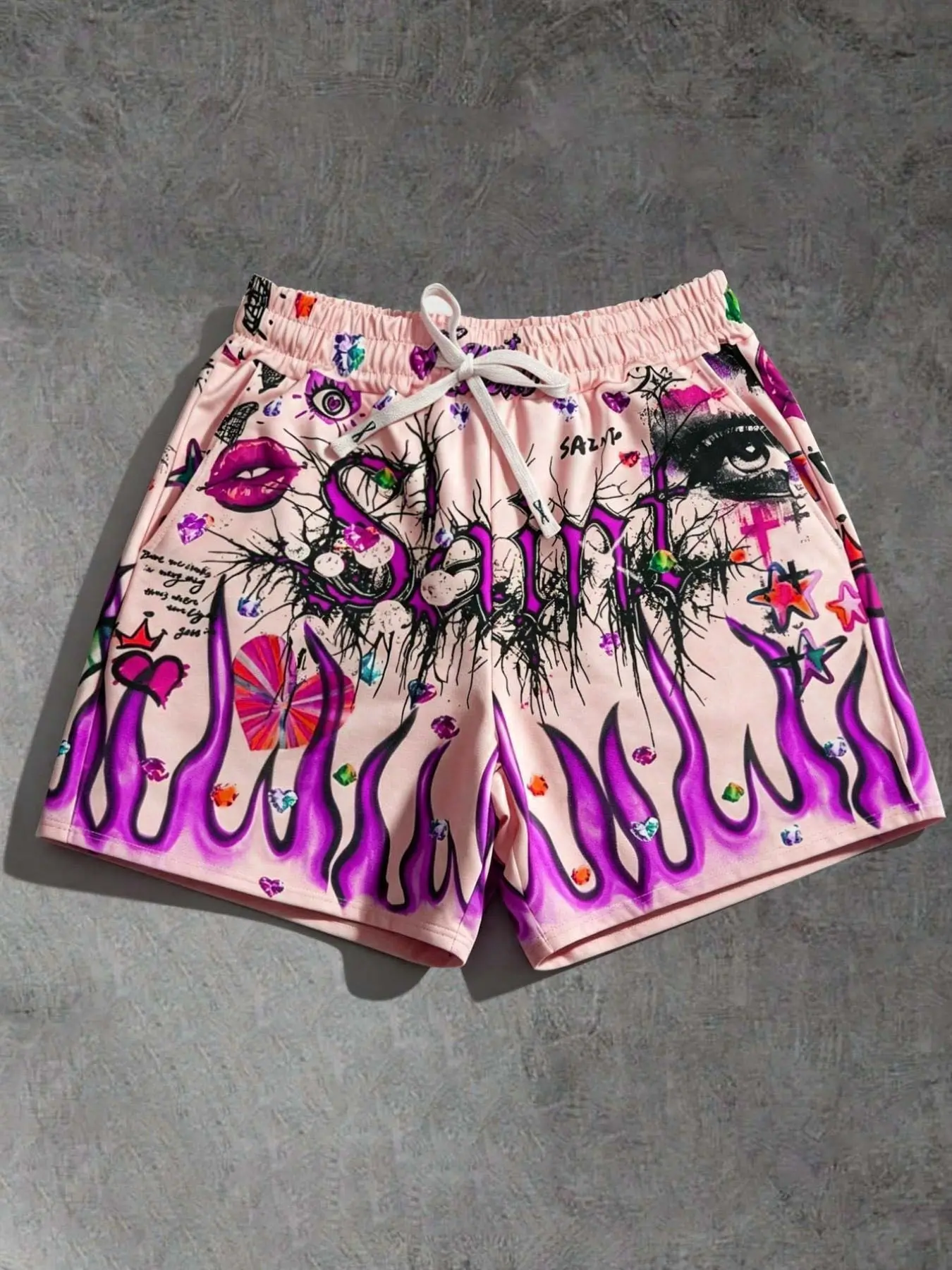 Saint Eyes Flame men's and women's same style love red lips eyes star shorts full printed graphic summer beach outdoor casual street style Y2K campus shorts, High Street Shorts, Casual Wear Shorts