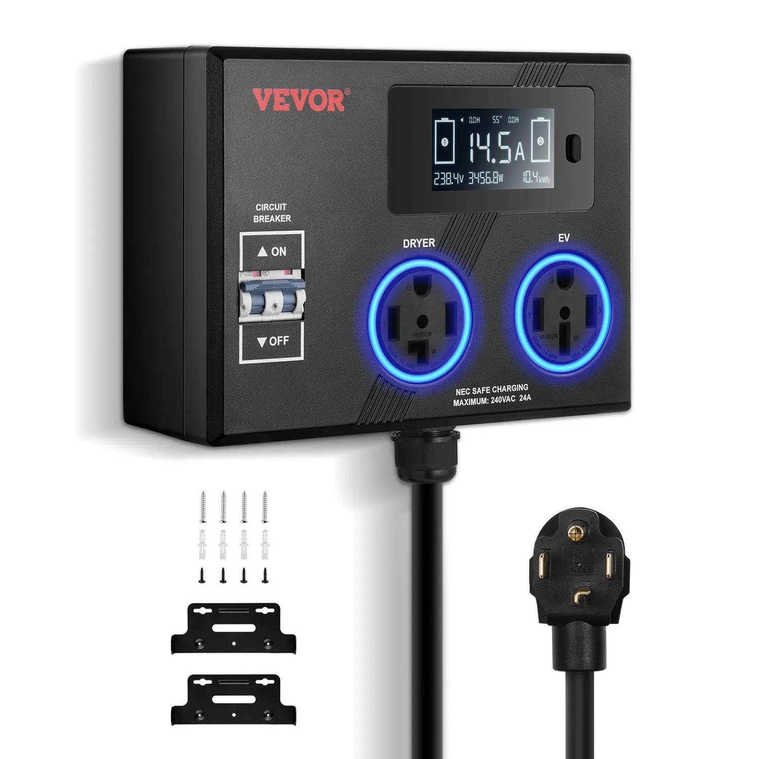 【toolupgrade】VEVOR NEMA Splitter Tool for EV & Dryer, NEMA 14-30 Plug, 14-30/14-50 Wall Socket Outlets, 240V Smart Power Distribution, 3-Color LED Indicator, 3.4-in LCD Display, 24A Max, Indoor Use, Overload Safe, Power Share, Cost-Efficient