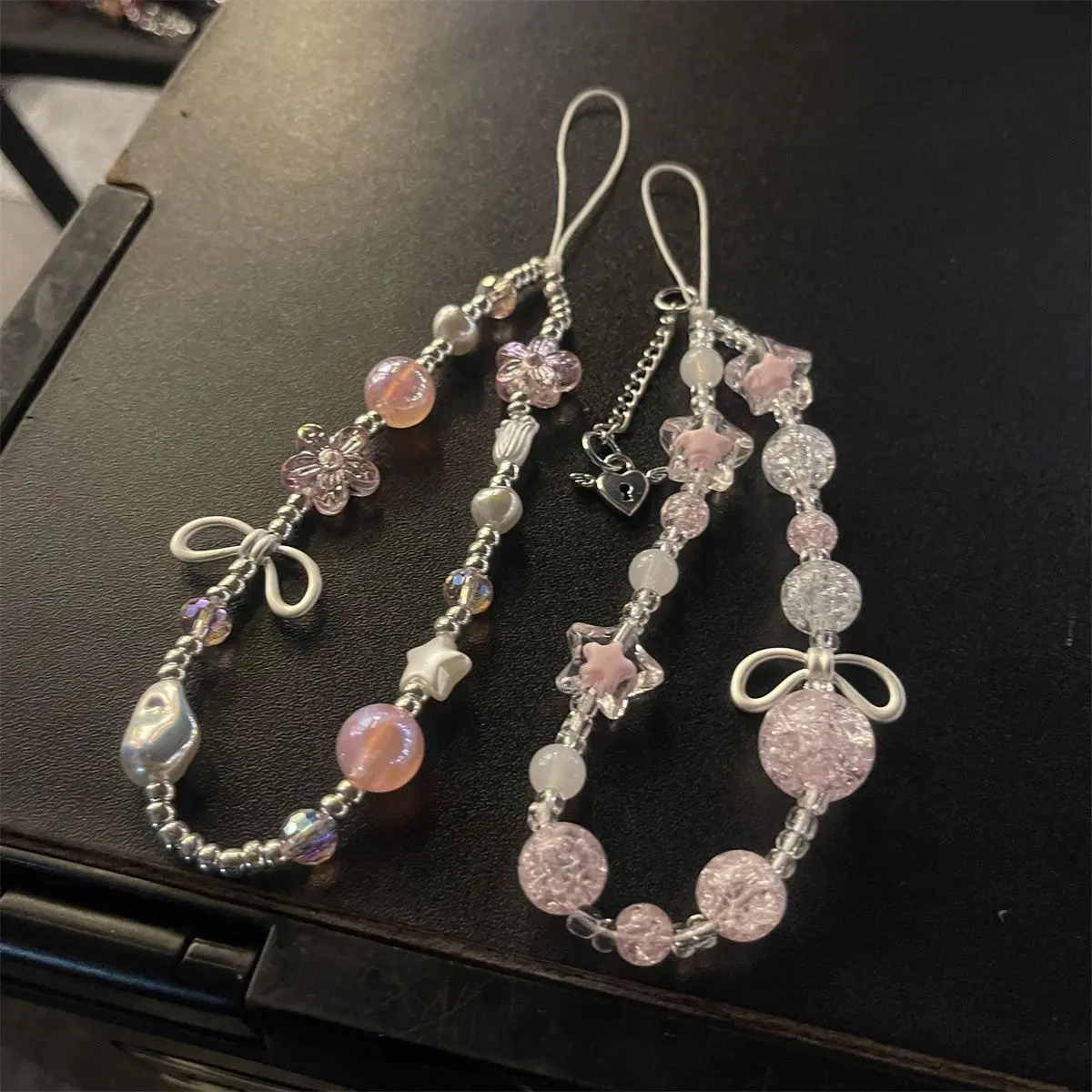 Dainty Edgy-Chic Pink Floral Beaded Phone Charm and Lanyard - Cute Pink Flower Motif with Universal Smartphone and CCD Camera Strap Compatibility, Trendy Sweet-Cool Wrist Accessory, Perfect for Daily Phone Styling, Purse Decoration & Vlog Prop