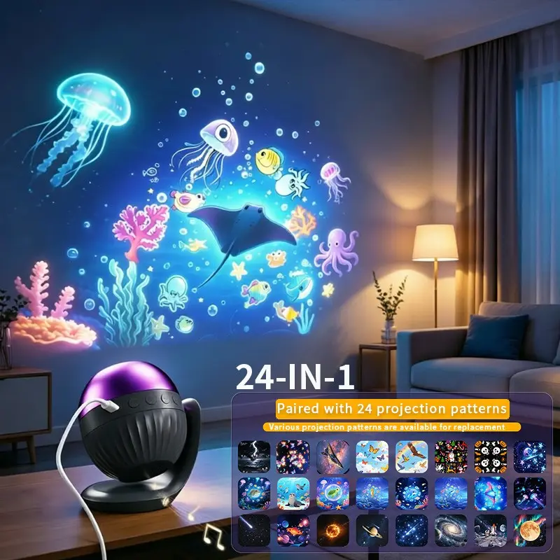 360° Rotating Pattern Projection Night Light featuring 24 projection patterns; suitable for parties, Halloween, Christmas, Valentine's Day gifts, and various room decor settings.