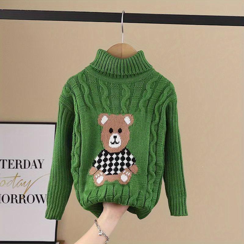 1pc Kids Cartoon Bear Turtleneck Sweater - 100% Acrylic Knit Fabric, Casual High Neck, Skinny Fit, Long Sleeve, Regular Length - Boys and Girls Fall/Winter Pullover Sweater