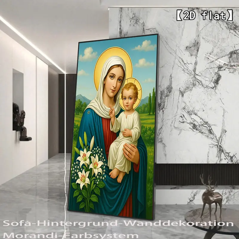 2D flat Virgin Mary Holding God in the Field Unframed Canvas Art - Wall Decor, Suitable for Living Room and Bedroom, Aesthetic Room Decoration, Large Canvas Mural
