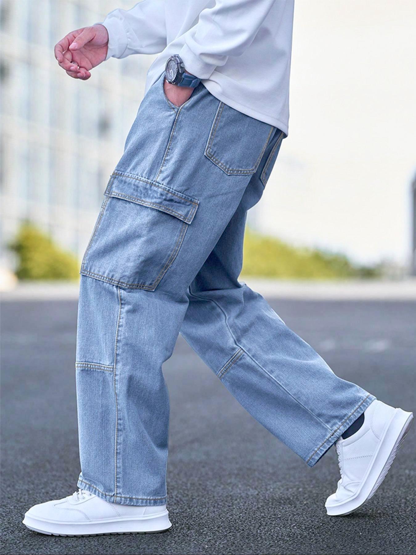 Men's Solid Flap Pocket Cargo Jeans, Loose Casual Street Fashion Denim Pants for Daily Wear, Men's Trousers for All Seasons, Streetwear