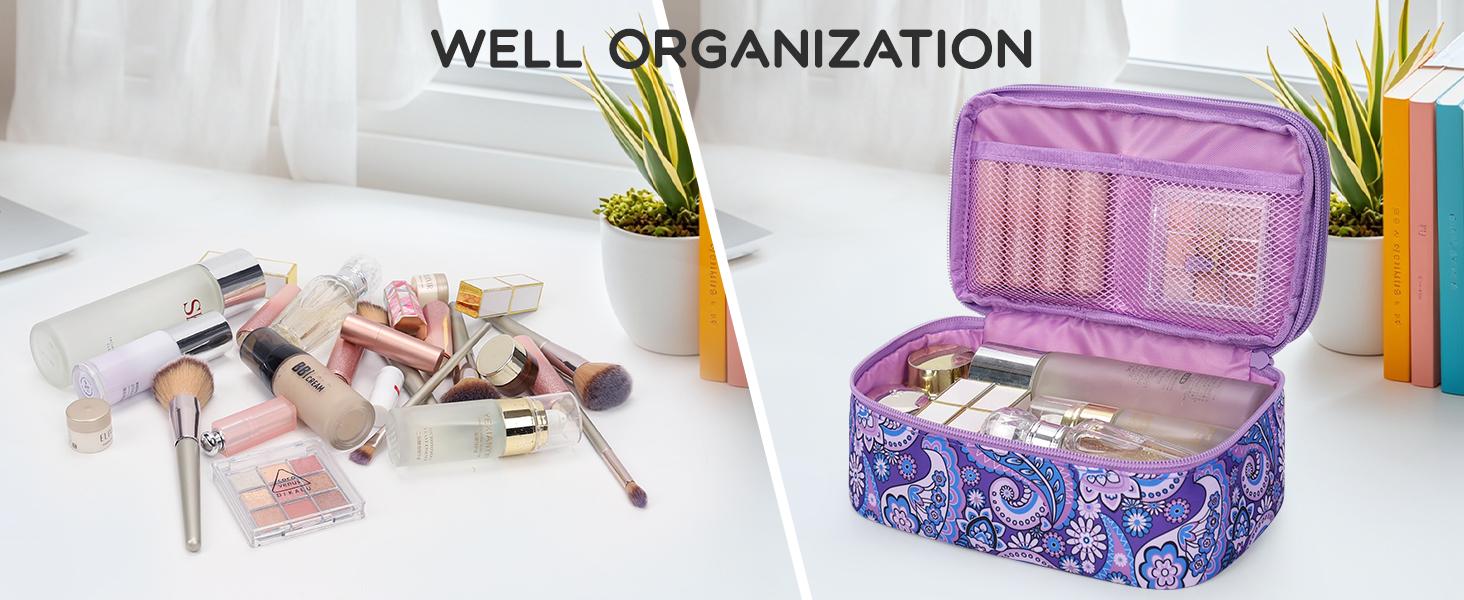 Travel Makeup Bag, Small Floral Cosmetic Bag with Makeup Brush Compartment, Portable Makeup Pouch for Women, Double Layer Cute Toiletry Organizer Bag, Purple Flower