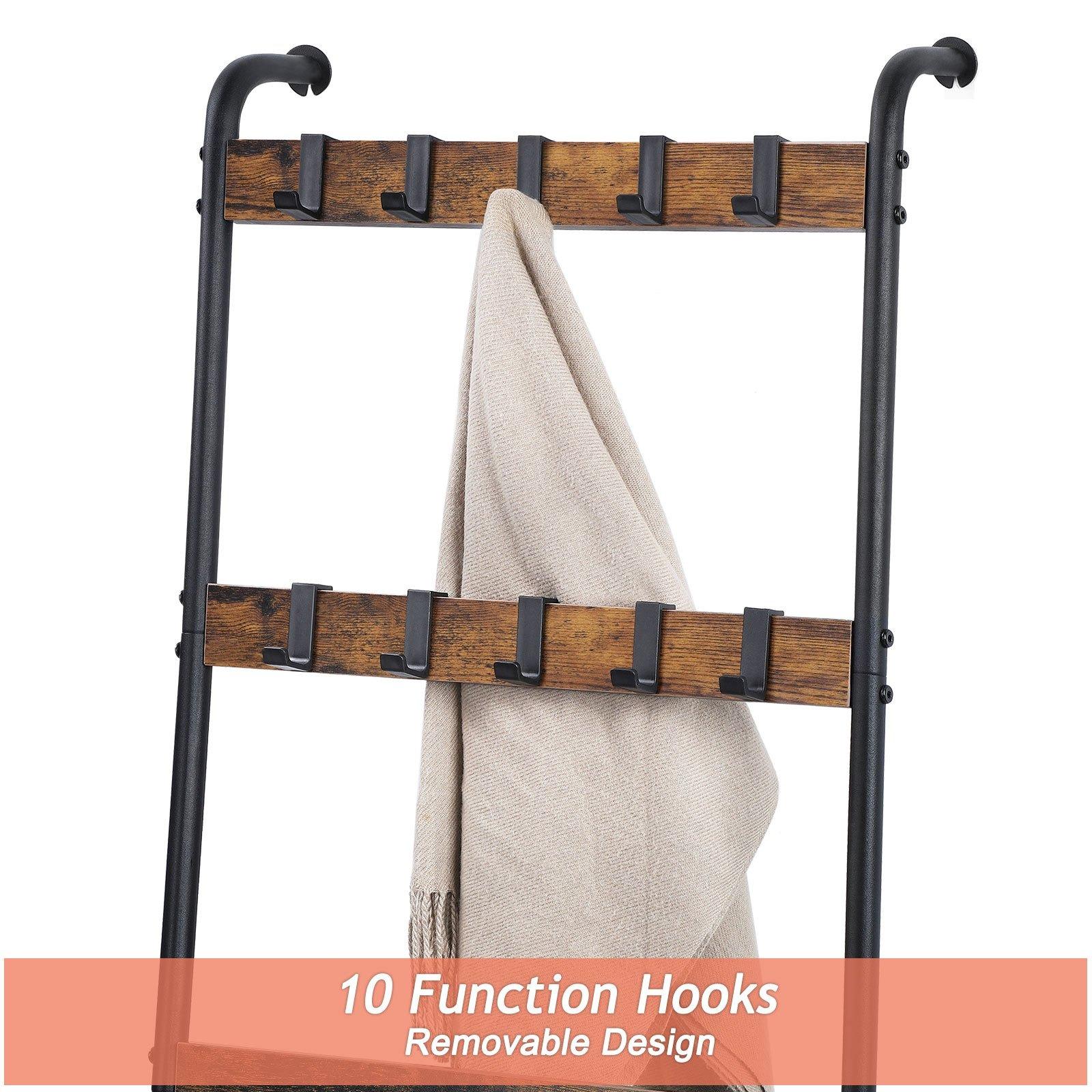 Wardrobe quilt holder, blanket ladder, 5-tier towel rack with 2 rows of detachable hooks, wall tapestry rack, practical shelves, bathroom towel rack, decorative display ladder rack, scarf, industrial, living room, bedroom, bathroom