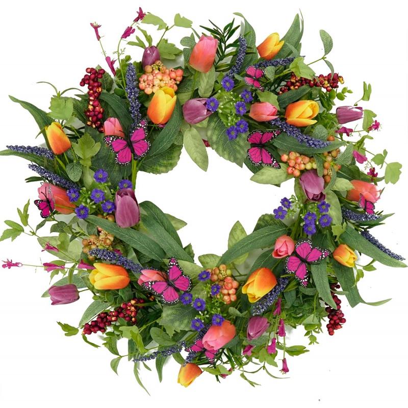22 inch Spring Summer  Tulip Wreath for Front Door with Purple Tassels, Eucalyptus Leaves, Ferns, Butterflies for Indoor Outdoor wall Festival Home Farmhouse Wedding Decor