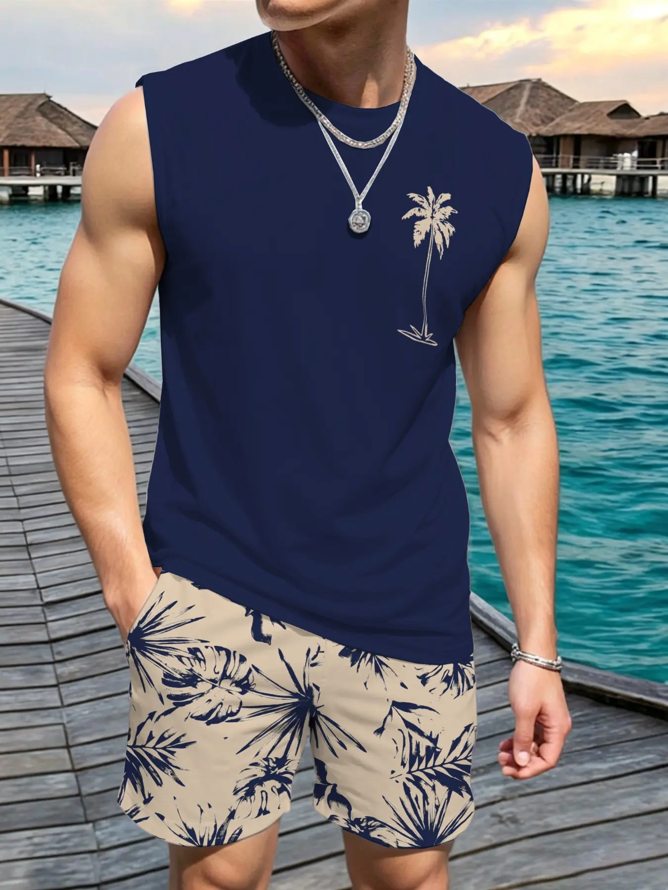 Men's Tropical Palm Tree Print Tank Top and Shorts Set, Summer Vacation Fashion Casual Sleeveless Top + Drawstring Shorts Two-Piece Outfit Sets