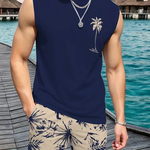 Men's Tropical Palm Tree Print Tank Top and Shorts Set, Summer Vacation Fashion Casual Sleeveless Top and Drawstring Shorts Two-Piece Outfit Outfits Set