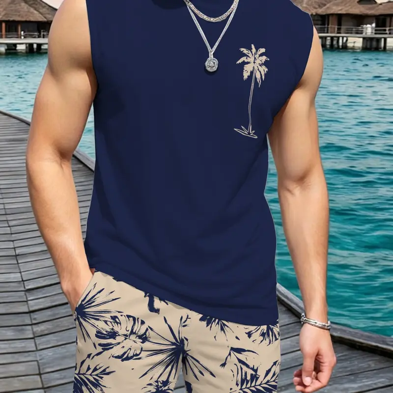 Men's Tropical Palm Tree Print Tank Top and Shorts Set, Summer Vacation Fashion Casual Sleeveless Top and Drawstring Shorts Two-Piece Outfit Outfits Set