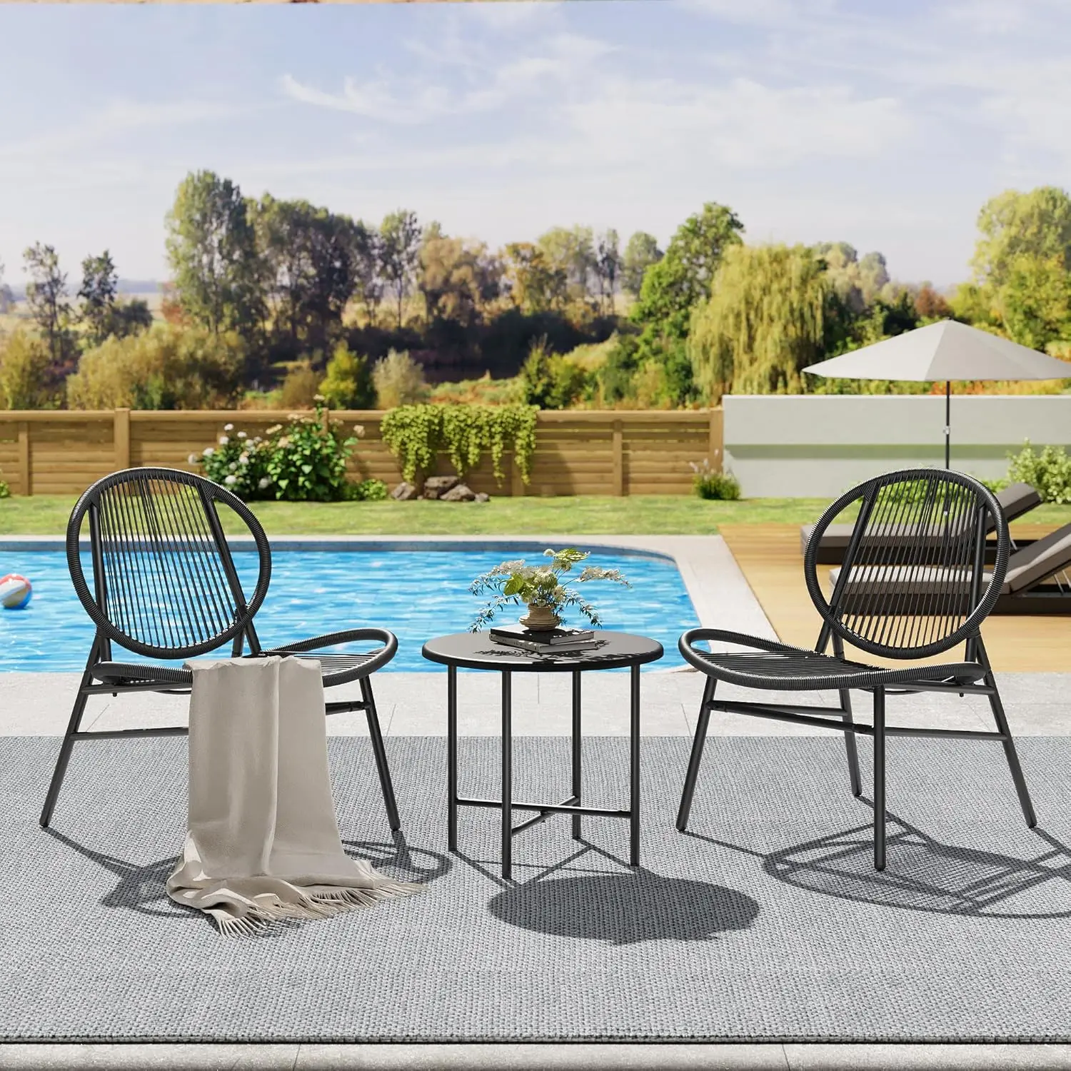 3-Piece Outdoor Seating Acapulco Chair All Weather Small Patio Bistro Set of 2 Chairs and Side Table Modern Outdoor Furniture for Backyard Garden Balcony Black