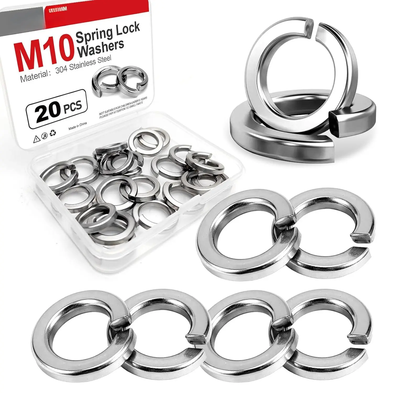 20-Count 304 Stainless Steel M10 Split Spring Lock Washers with Offset Ends - Anti-Vibration Elastic Gaskets for Sheet Metal, Appliances, DIY Projects - Inner Diameter Specified Fasteners for Deck Building, Industrial Equipment, Split Washers