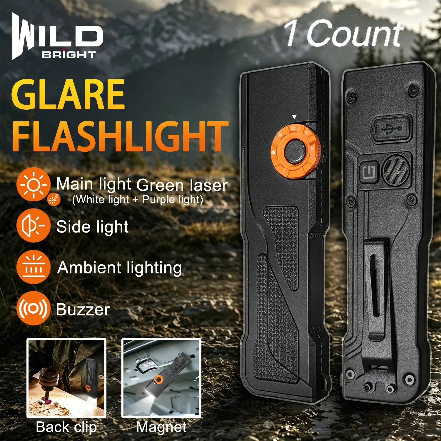 Wild Bright 1-pack high-intensity flashlight, Handheld flashlight, rechargeable maintenance work light, equipped with green laser, purple light atmosphere lamp, magnetic back clip alarm, suitable for maintenance, camping, emergency lighting