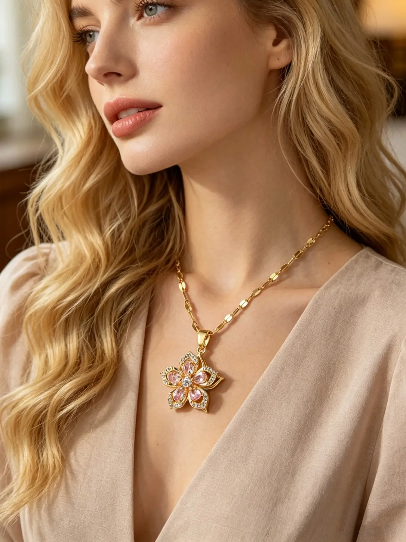 Women's Stainless Steel Necklace with Rotating Five-Petal Flower Pendant, Dangling Charm Jewelry and Versatile Birthday Gift Jewelry for Girlfriends, Dangling Charms Necklace