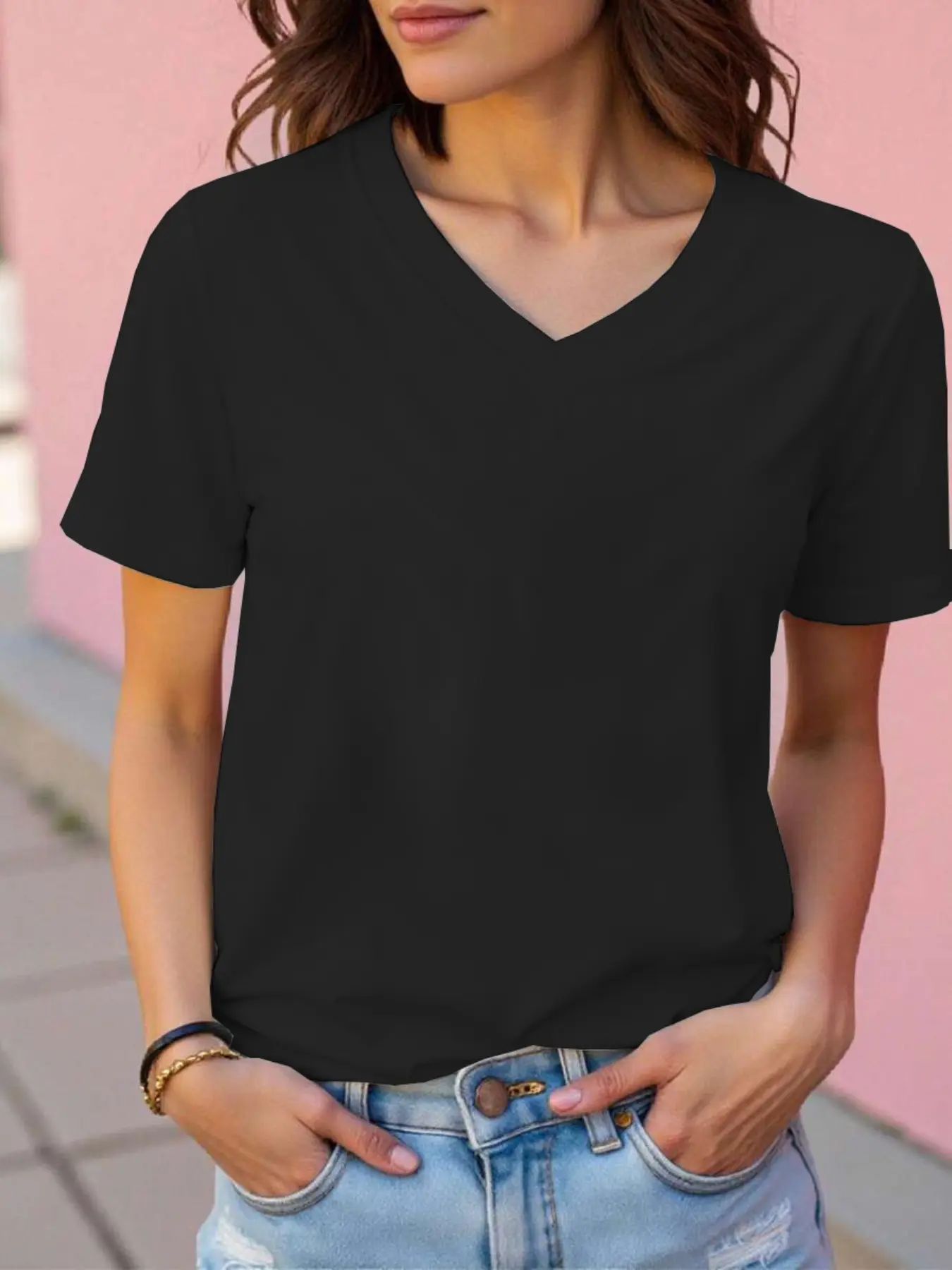 Women's Casual Sporty V-Neck T-Shirt, Summer Comfortable Stretch Solid Short Sleeve, Slim-Fitting All Seasons Top