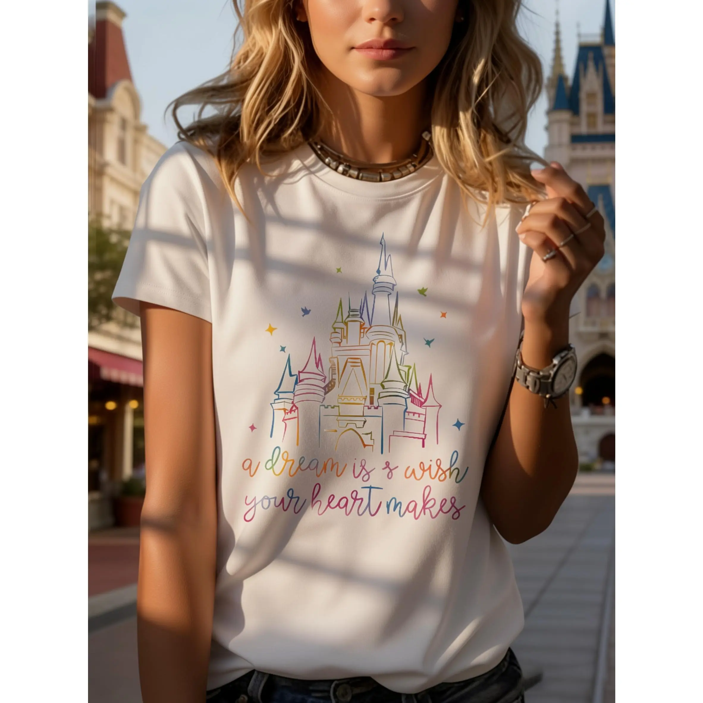 The Architectural Lines of Cinderella Castle in The Magic Kingdom Graphic Print T-Shirt, Casual Short Sleeve Crew Neck Top Women'S Clothing