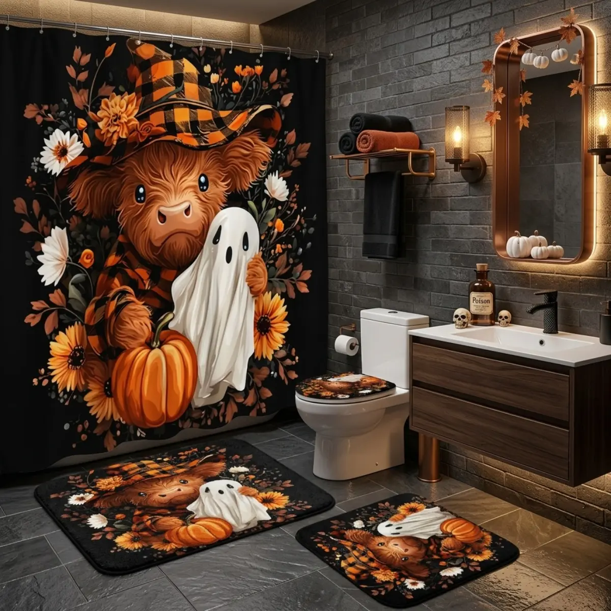 4pcs Halloween Farmhouse Bathroom Decor Set, Cute Highland Cow Ghost Pumpkin Floral Theme Shower Curtain Set with Rugs & Toilet Lid Cover, TikTok Trending Fall Aesthetic