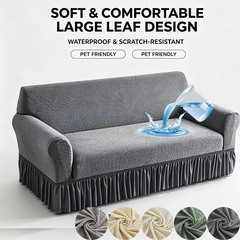 Waterproof Stretch Sofa Cover with Ruffle Skirt, Leaf Jacquard Couch Slipcover for 1/2/3 Seater, Anti-Slip, Pet & Kids Friendly Furniture Protector