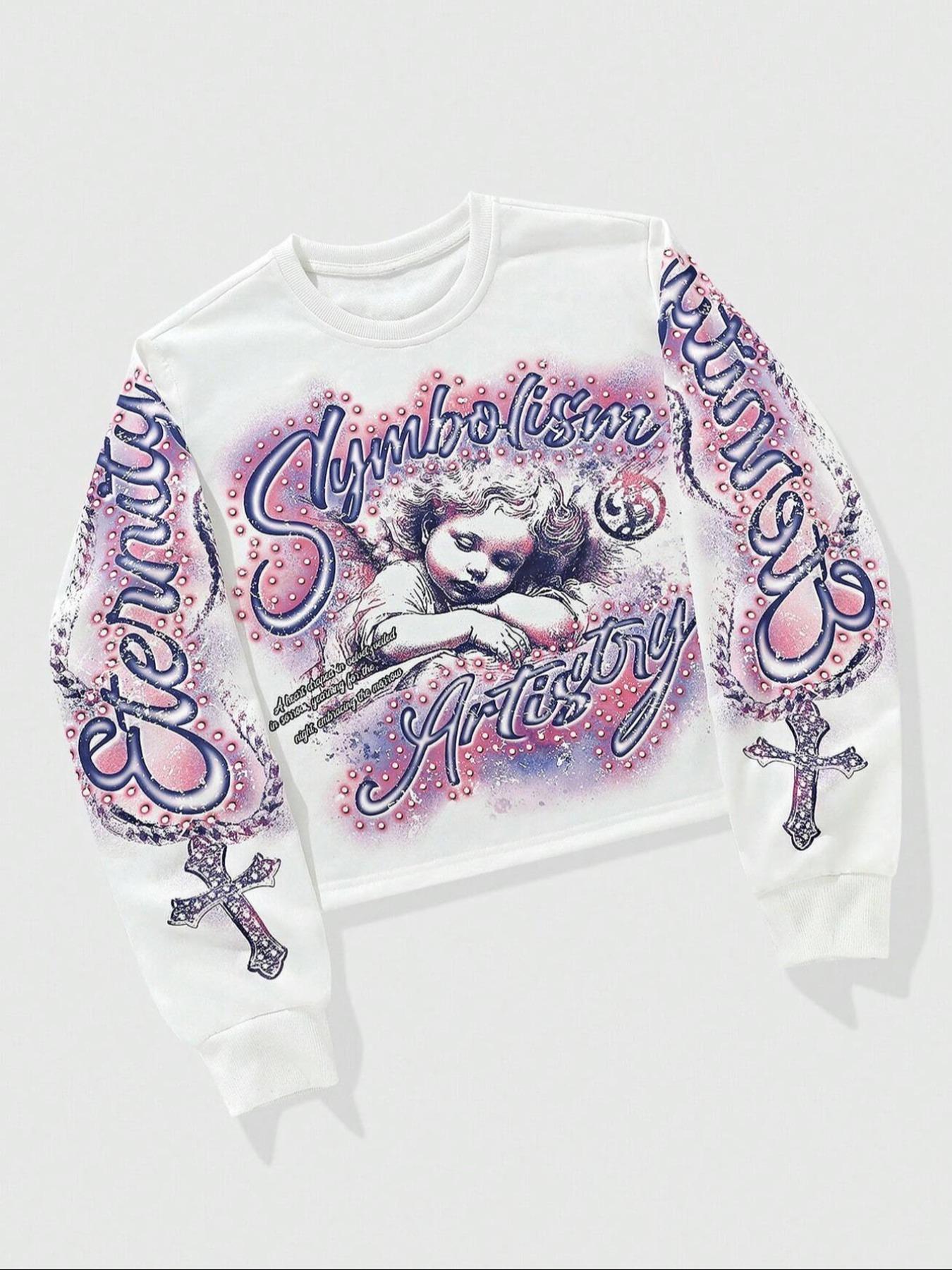 Unisex Streetwear Angel Print Design Sweatshirt, Loose-fitting Casual Long Sleeve Crewneck for Fall & Winter Fashion