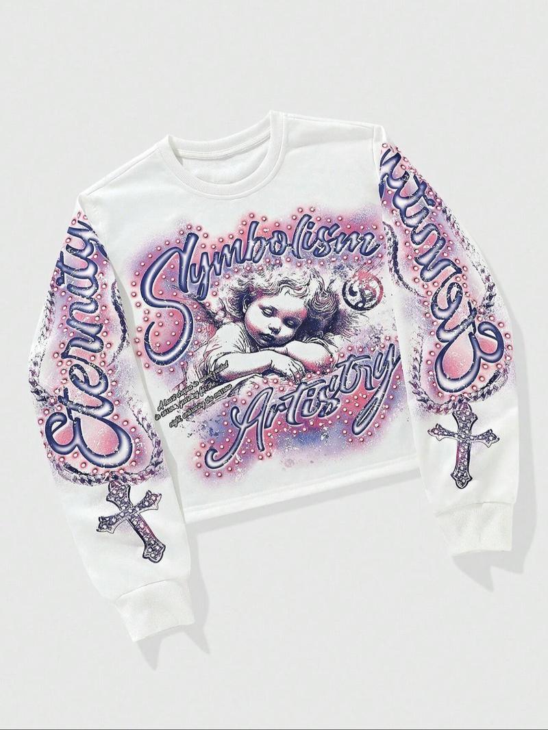Unisex Streetwear Angel Print Design Sweatshirt, Loose-fitting Casual Long Sleeve Crewneck for Fall & Winter Fashion