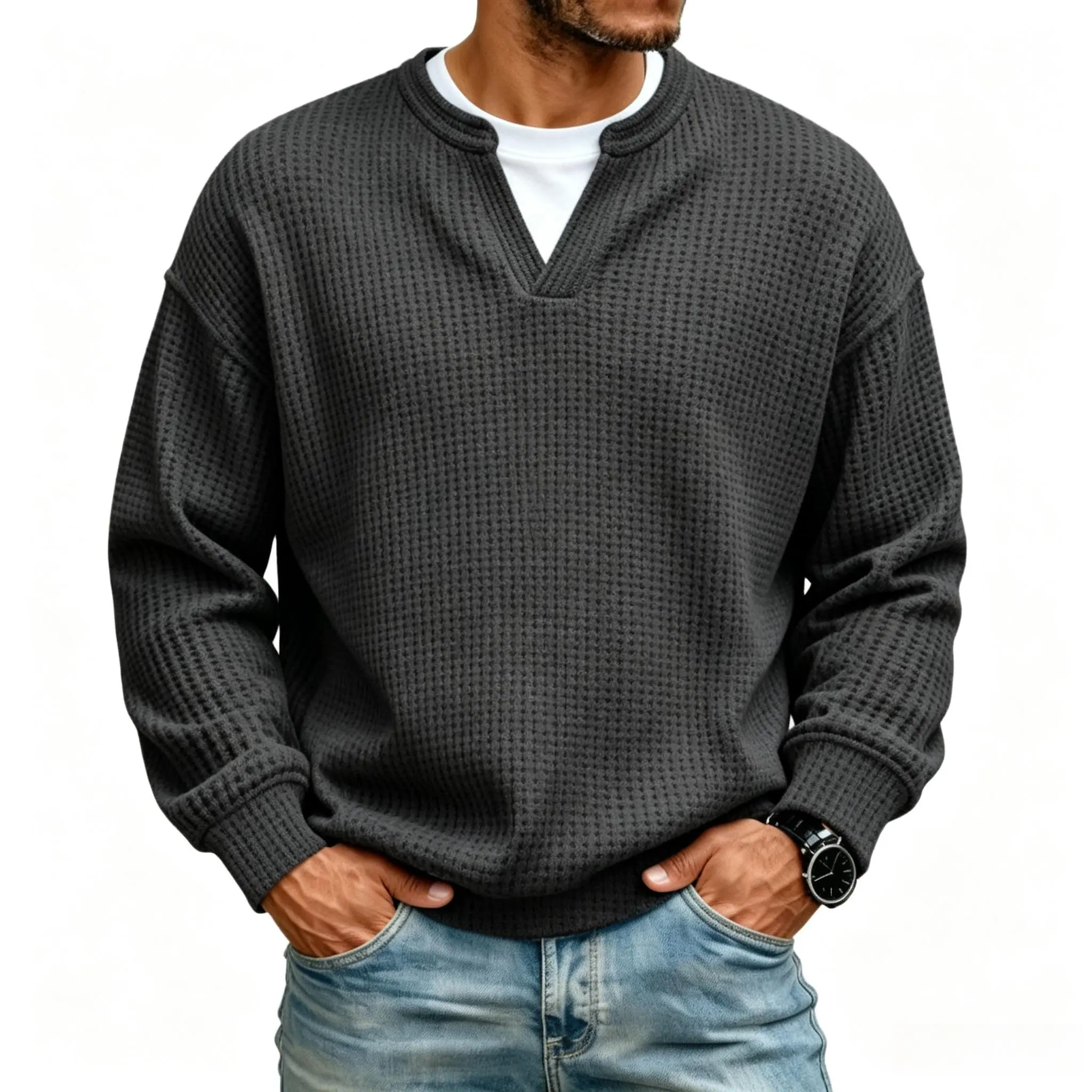 1/2-Pack Men's Relaxed V-Neck Long-Sleeve Tee with Waffle Texture and Contrast Layered Detailing, Designed as Versatile Men's Wear and Vintage Clothing for Everyday Casual Styling.