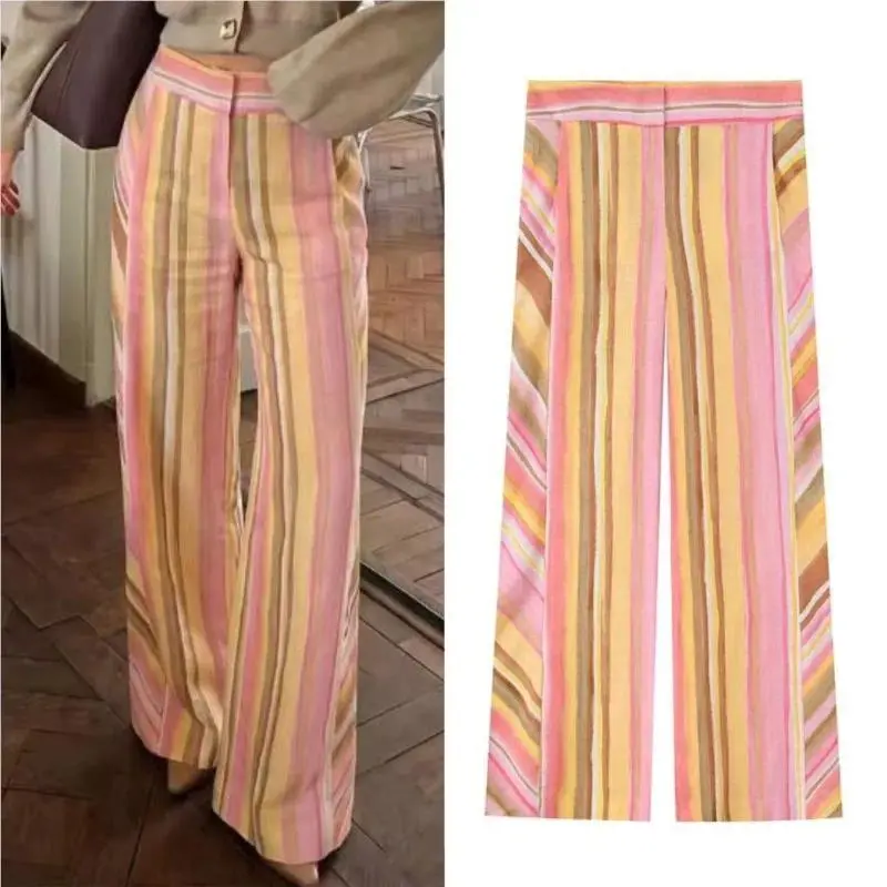 2026 new hot item Women's Stripes Wide Leg Pants 2026 Summer Fashion Rainbow Colorful Mid-waist Trousers Casual Female Streetwear Pants