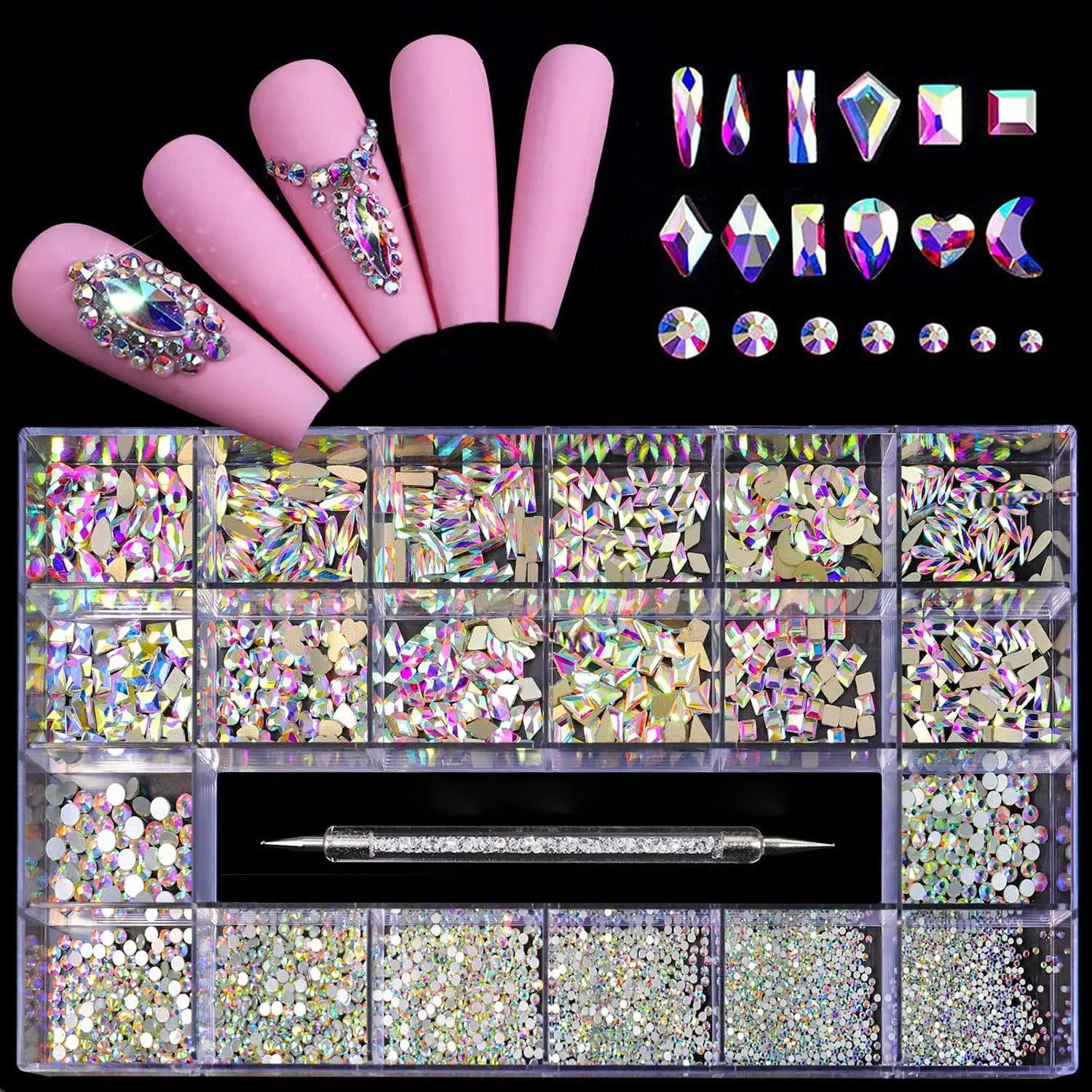12 Types of Crystal AB Diamonds + Flat Rhinestones 2500 pcsMix 20 Styles Flatback DIY Crafts Rhinestone Crystals 3D Ornament‌s Flat Back Stones Set + Drill Pen