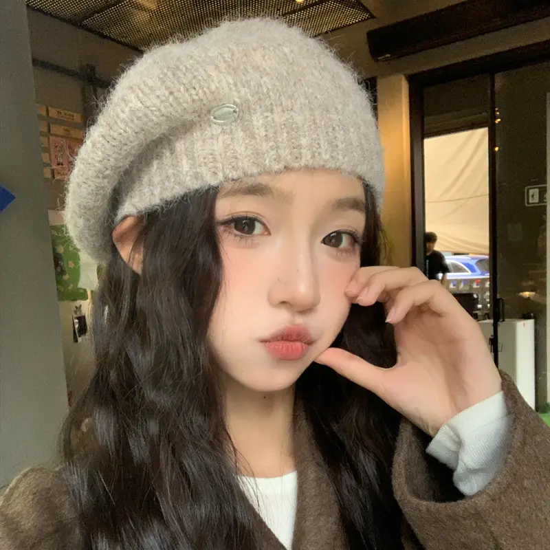 Women Knit Beret Hat, Winter Thickened Warm Woolen Cap, Korean Style Fall Winter Slouchy Beanie, Big Head Friendly Fleece Lined Newsboy Bonnet, Soft Thermal Elastic Headwear for Outdoor Daily Matching