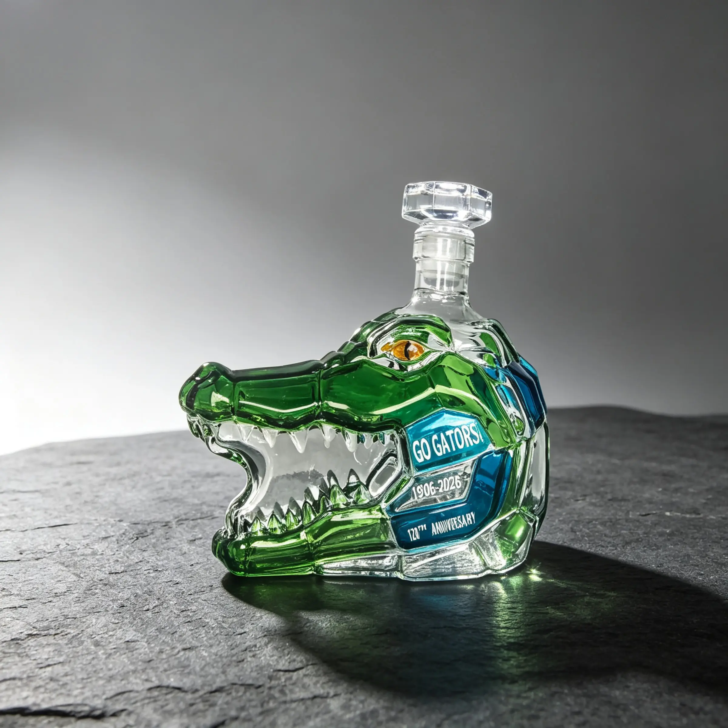 Alligator Head Whiskey Decanter, Hand Blown Green Tinted Glass Liquor Bottle, Florida Gators Inspired Design, Sports Bar Display Decor, Ideal Gift for College Football Fans, Bourbon Enthusiasts & Man Cave Collectors