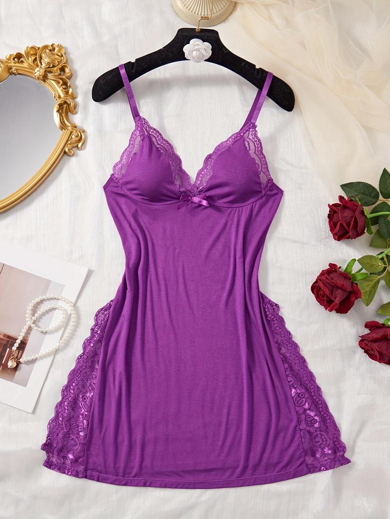 Women's Solid Color Lace Trim Nightdress, Elegant Comfy Soft Sleepwear Loungewear Cami Nightgown for All Seasons, Fashion Ladies' Sleepwear for Daily Wear, Womenswear