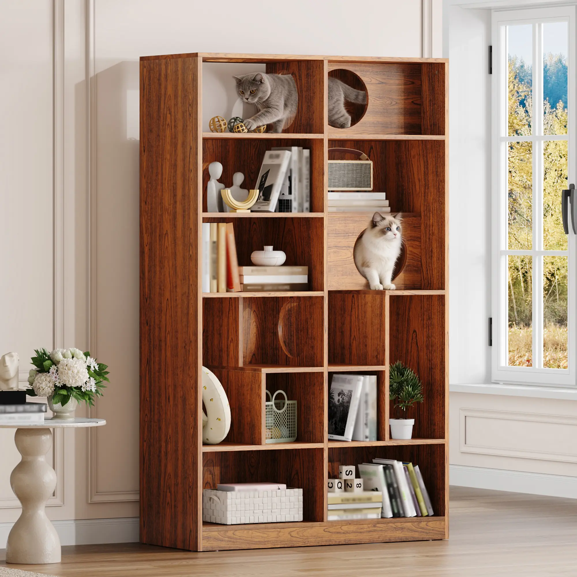 ARCH Modern 2-in-1 Single Unit Wood Bookshelf Cat Tree - Multi-Tiered Storage Shelves, Cat Houses, Pass-Throughs, Vertical Design, Brown Particle Board+MDF, 63.5H x 35.4W x 15.7D in, for Living Room, Bedroom, Ca