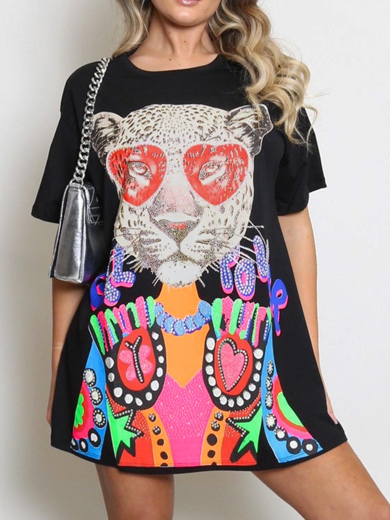 Women's Leopard Print Round Neck Tee Dress, Fashion Casual Boho Fashion Short Sleeve T-shirt Dress for Daily Outdoor Wear, Ladies Dress for Summer, Womenswear