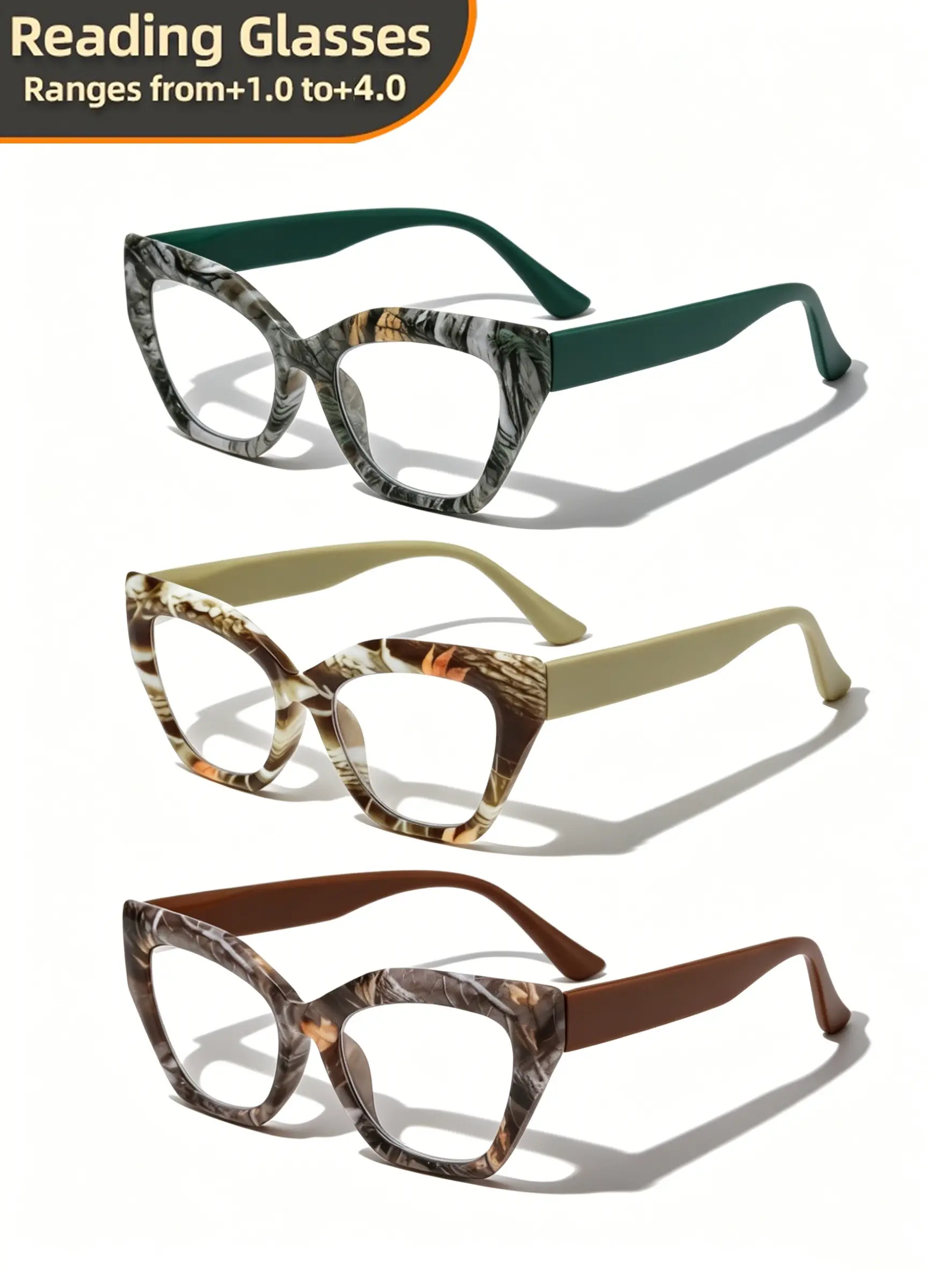 3Pcs Cat-Eye Reading Glasses +1.0 to +4.0 Magnification - Full-Rim Round/Hexagonal Frame with Flower, Adjustable Magnifier Eyewear for Seniors & Presbyopia