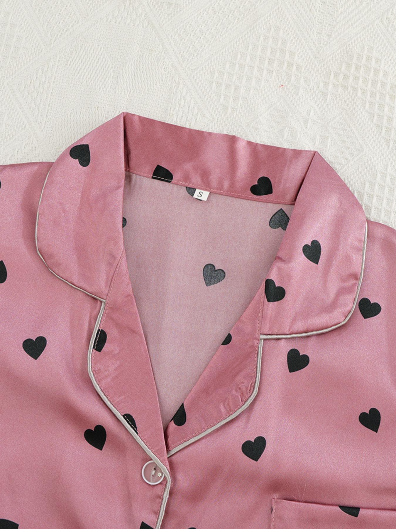 Women's Heart Print Contrast Binding Lapel Shirt & Elastic Waist Shorts Pyjama Set, Casual Comfy Short Sleeve Pocket Button Up Top & Shorts Pj Set, Ladies Soft Satin Sleepwear for All Seasons