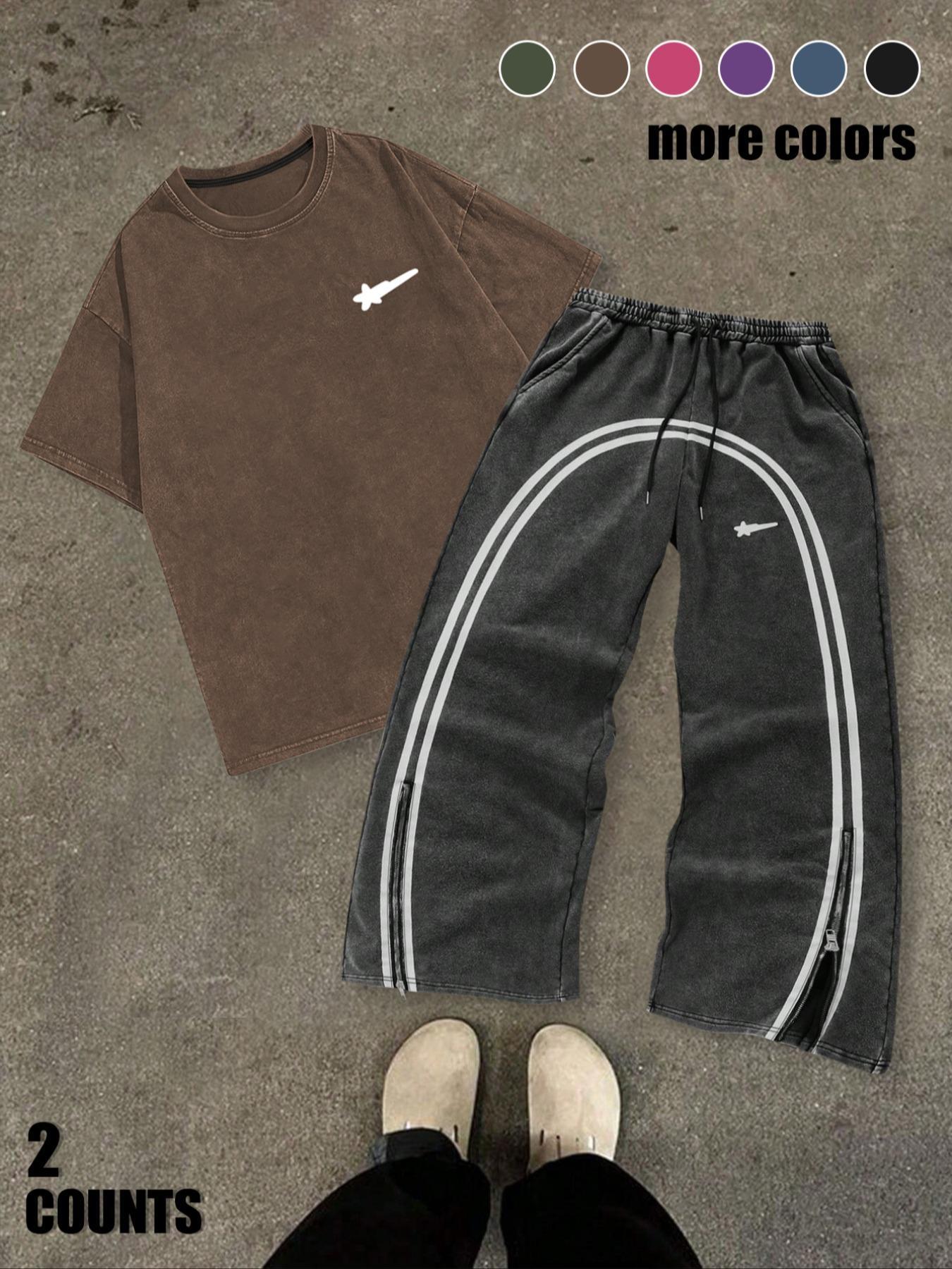 Men's Star & Striped Print Tee & Pants Set, Loose Fashion Round Neck Short Sleeve T-shirt & Trousers for Daily Outdoor Wear, Men's Clothing for Spring & Fall, Menswear