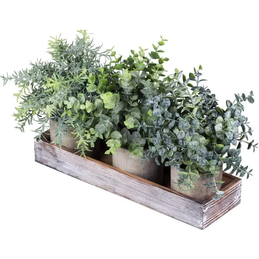 Set of 3 Mini Potted Artificial Eucalyptus Plants Faux Rosemary Plant Assortment with Wood Planter Box for Indoor Office Desk Apartment Wedding Tabletop Greenery Decorations 8.7" Tall
