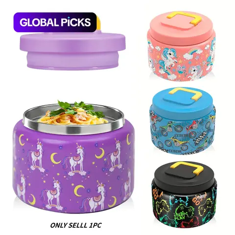 Cartoon 8 oz Lunch Soup Thermos, Leakproof Insulated Lunchbox, To Go Food Containers, 1 Count Insulated Portable Thermal Soup Container and Bento Food Storage Box with Lid for School and Travel, Reusable Lunch Box #GLOBAL PICKS