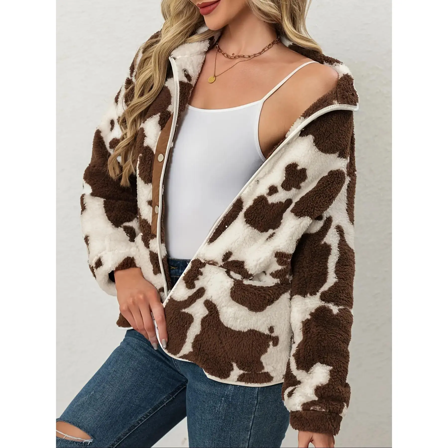 Women's Fall Winter Fashion Casual Cow Print Long Sleeve Sherpa Jacket Coats Womenswear, Fashionable Jacket, Warm Buttoned Outerwear, Slim-Fitting Style, Fitted