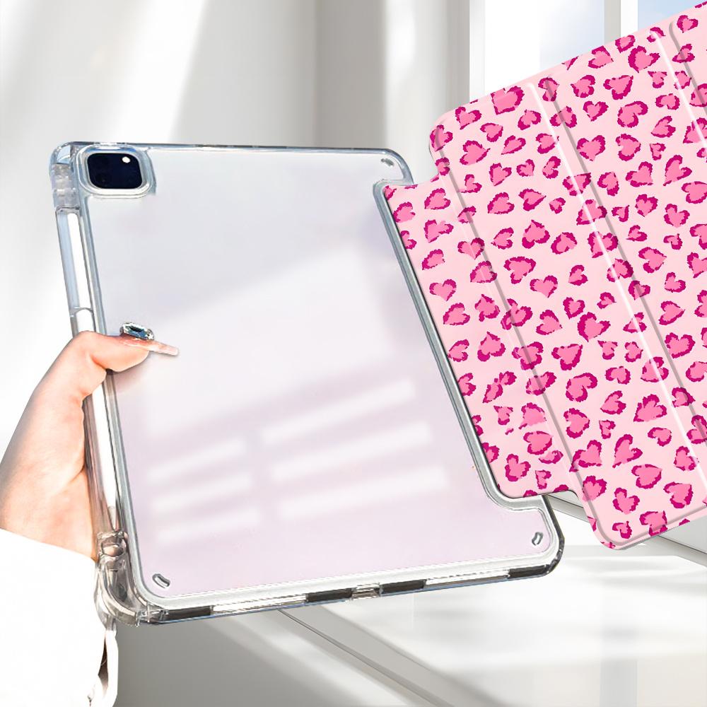 Romantic Pink Leopard Pattern Four-Corner Shockproof Tablet Case with Pen Slot Foldable,Suitable for iPad Mini, Air, Pro 4,5,6,7(2017,2018,2019,2020,2021,2022,2023,2024,2025 models),and Samsung S6,7,8,9,10FE + A7 LTE tablet cases