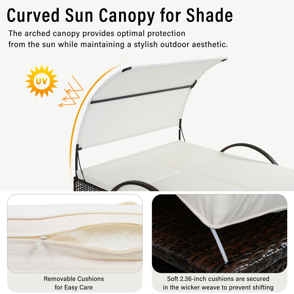 Outdoor steel-frame sun loungers with adjustable backrests; double patio sunbeds featuring hidden side tables and curved armrests; ideal for patios, pool decks, gardens, backyards, and other outdoor spaces