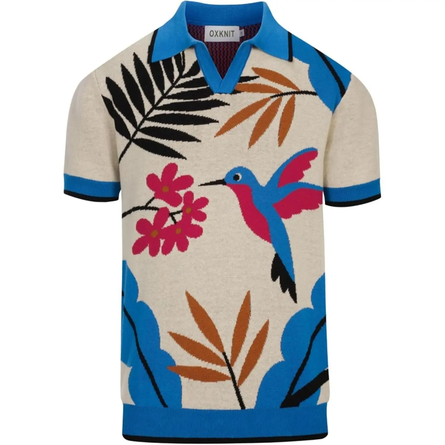 OXKNIT Men's Cotton Knit Short-Sleeve V-Neck Polo Shirt, Vintage Bird Motif & Plant Pattern, All Seasons, Machine Washable (Blue, Beige), Tops, Fashion