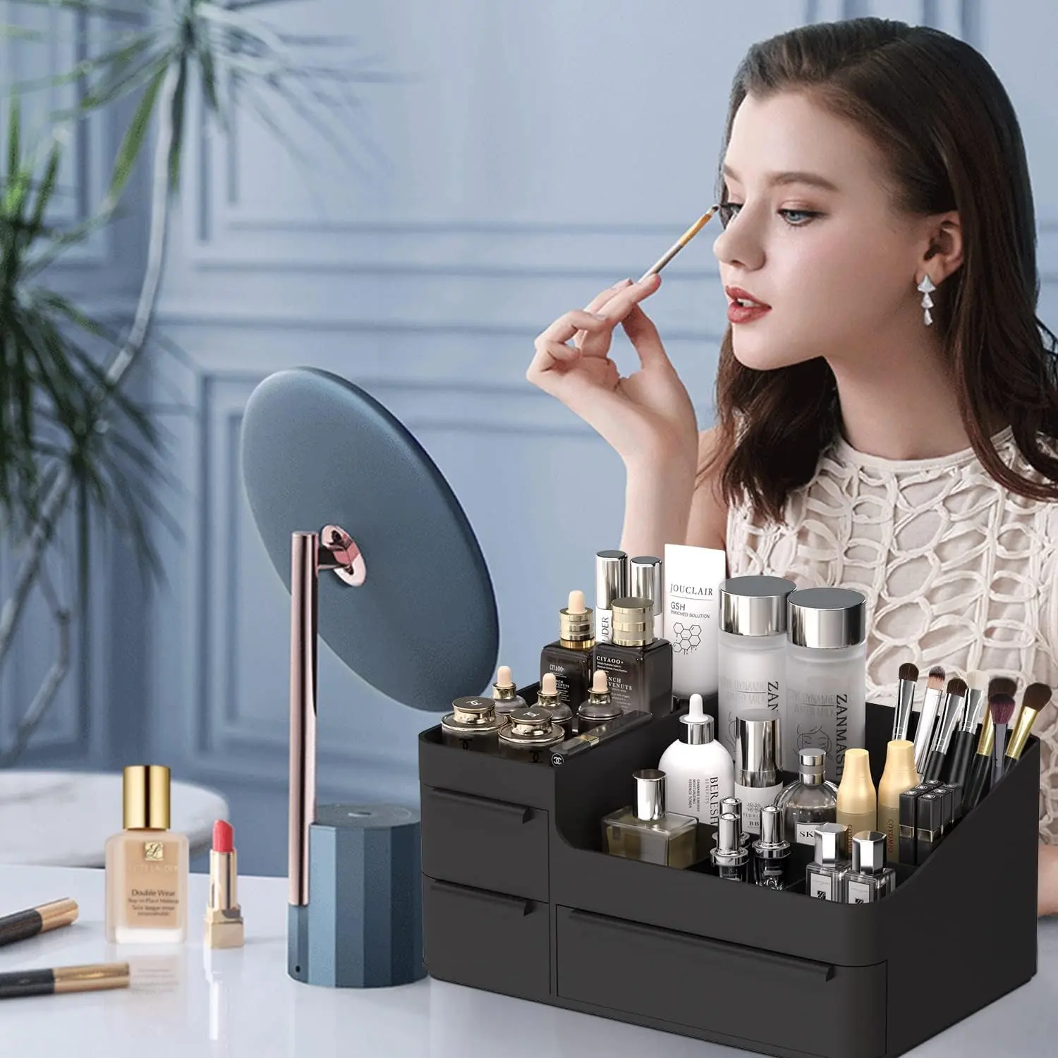 Makeup Organizer for Vanity and Bathroom Countertop - Stackable Cosmetic Storage Display Case with Drawer Tray, Ideal for Jewelry, Hair Accessories, and Skincare Products, BlackGift