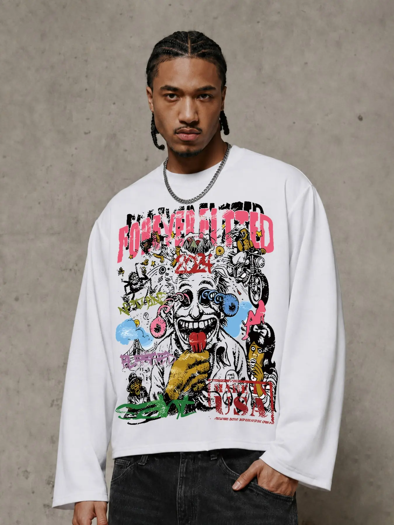 Sweatshirt Men Y2K Grunge White Graffiti Letter Graphic Printed Oversized Crewneck Pullover Top for Unisex Streetwear Daily