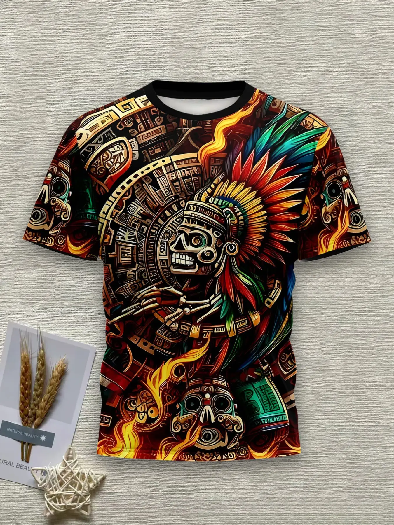 Vintage Mayan Aztec Skull Feather Crown Full Print Short Sleeve T-Shirt, Men's Cultural Ethnic Streetwear Top, Casual Loose-Fit Long Tee