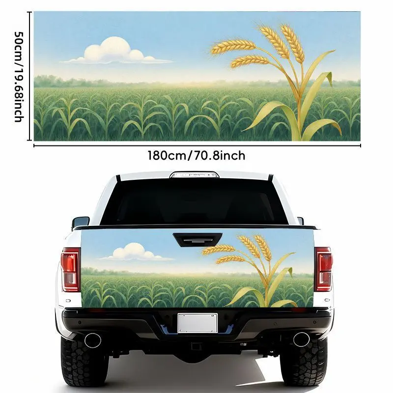 1pc 50*180cm1pcs 2D Landscape Car Sticker - Vast Lush Green Crop Field with Golden Wheat Stalks, Clear Blue Sky, Fluffy White Cloud - Waterproof Self - Adhesive Tailgate Bumper Sticker - Weather Resistant, Suitable for Most Car Models