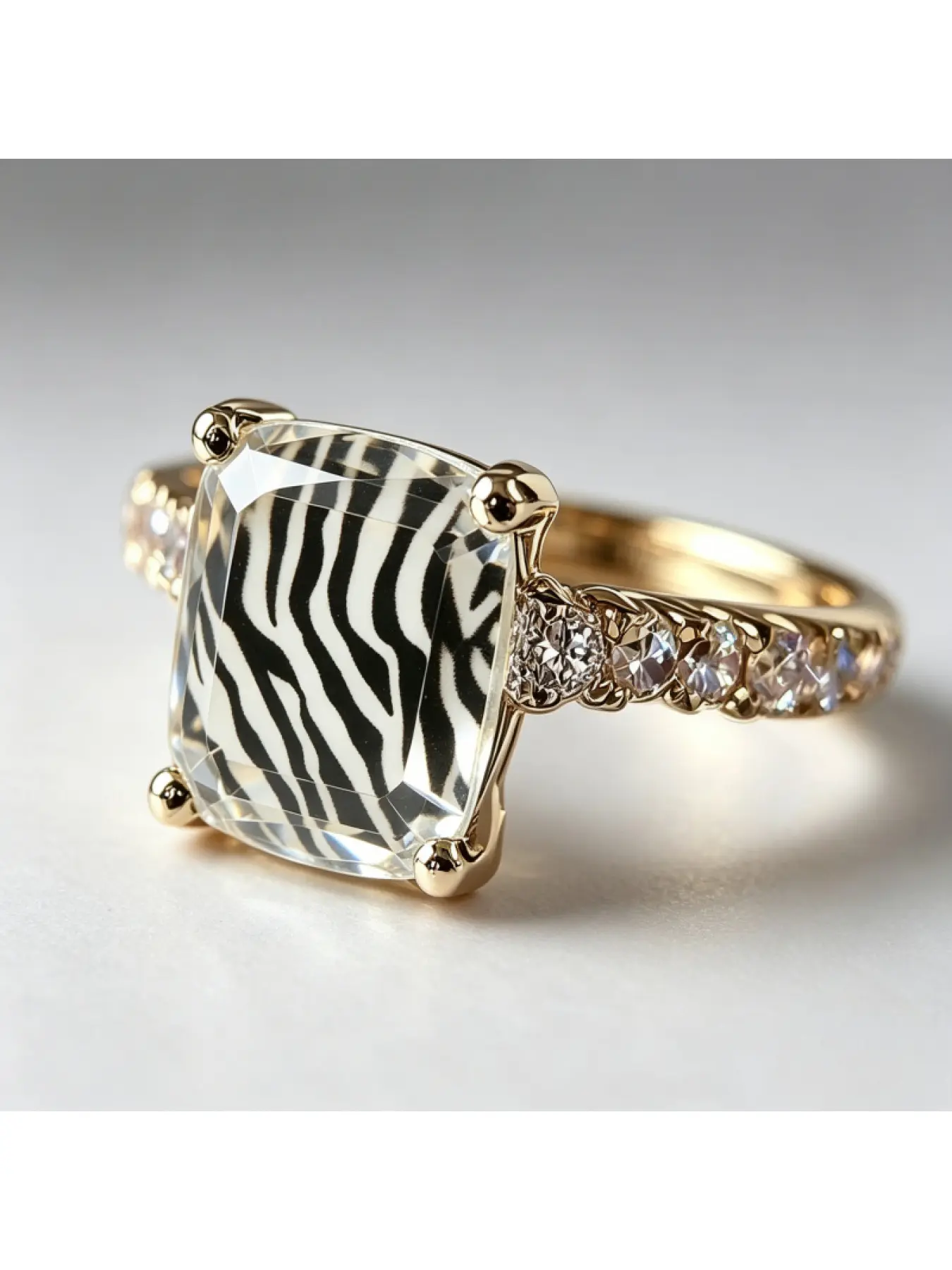 Light luxury gold square zebra print transparent crystal ring with multiple side-set diamonds, Statement ring, featuring a personalized and wild style, a niche commuting accessory for ladies