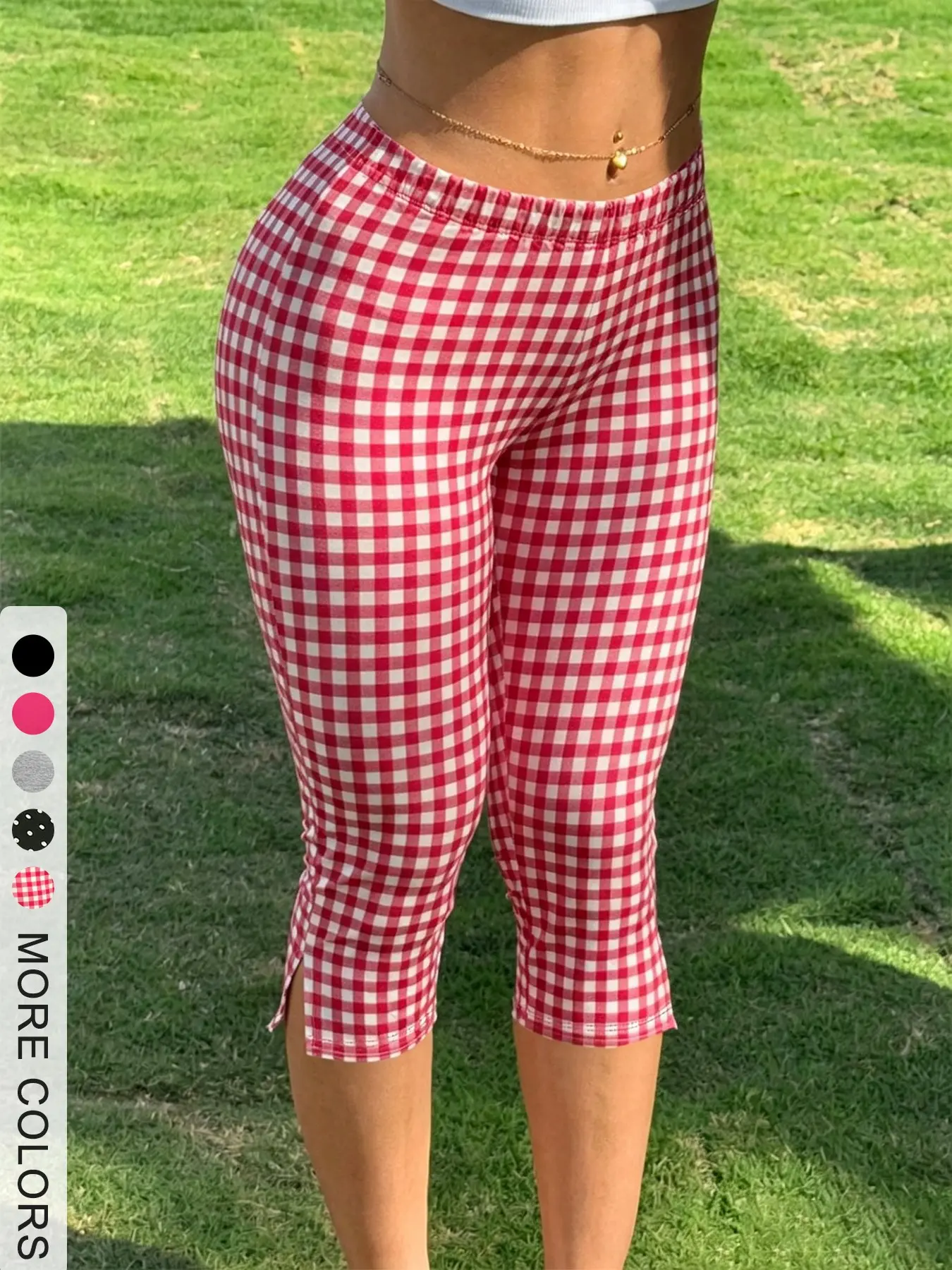 Women's Plaid Seven-Quarter Tight Pants, Elastic Waist Side Slit, Casual Summer, Slim-Fitting Capri Cropped Pants, Casual Cropped Trousers, Casual Bottom, Casual Elastic Waisted