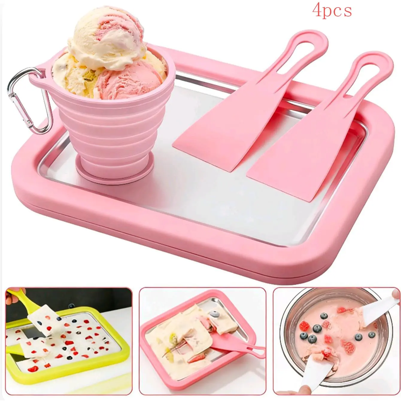 4 Piece Spiral Ice Cream Maker Set, Home Use with Instant Freezing Tray, 2 Scrapers, Silicone Cup, DIY Ice Cream Tray, Stainless Steel Dessert Machine, Kitchen Gadgets, Kitchenware Utensils